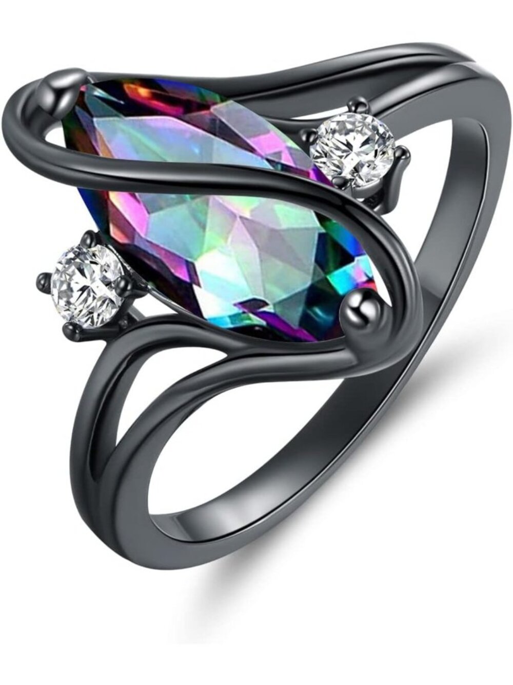 Stunning Black Gold Plated Marquise Ring with Opal, Amethyst & Rainbow CZ